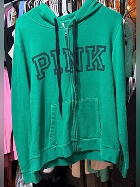 💚 PINK Victoria’s Secret Green PINK Logo Full Zip Hoodie | XL | EUC ✨